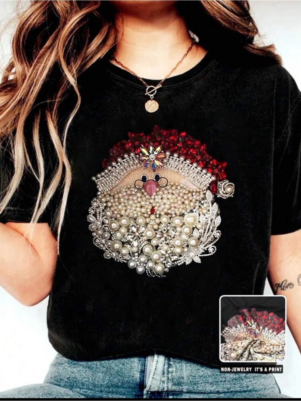 SHEIN Lune Vintage SBlack Short Sleeve Tee w/ Embellished Festive Santa Graphic